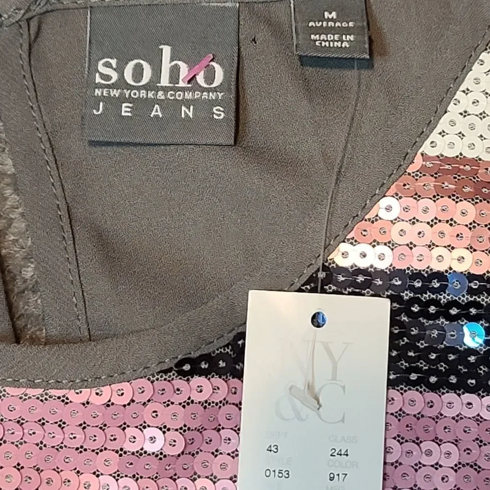 New York & Company Striped Sequined Top, pink, white, blue, silver, grey, NWT Me